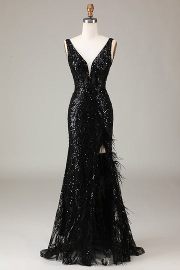 Black Sparkly Deep V-neck Mermaid Ball Dress with Feathers